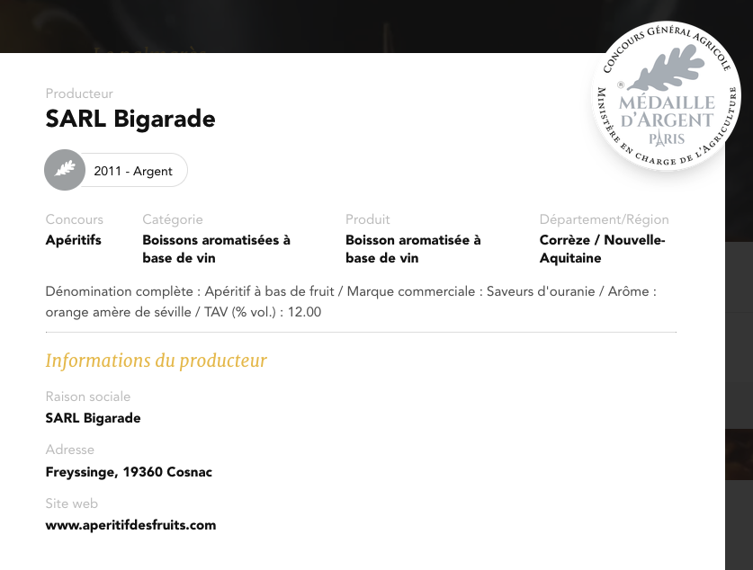 Médaille d'argent 2011 pour l'apéritif à l'orange amère
